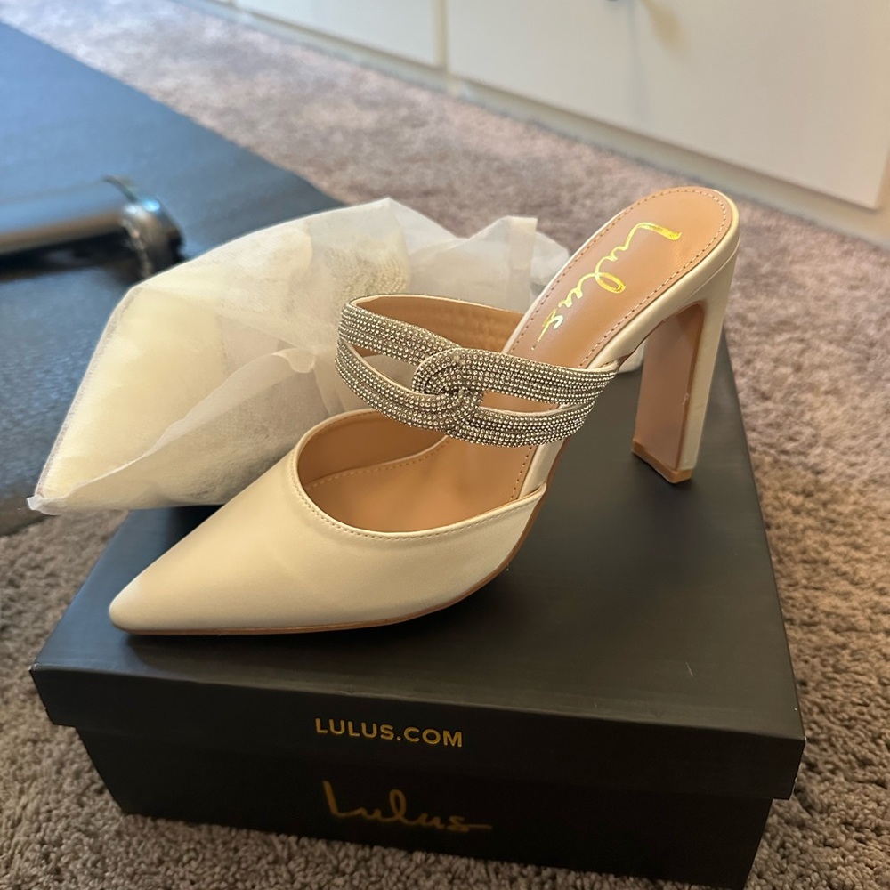 Brand New Lulu’s Ivory Satin and Rhinestone Mules - Bridal Shoes